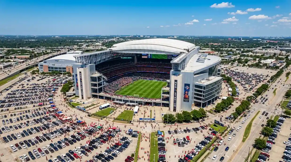 Vue aérienne d'un stade avec toit rétractable sous un ciel texan ensoleillé, prêt pour un match de Coupe du Monde