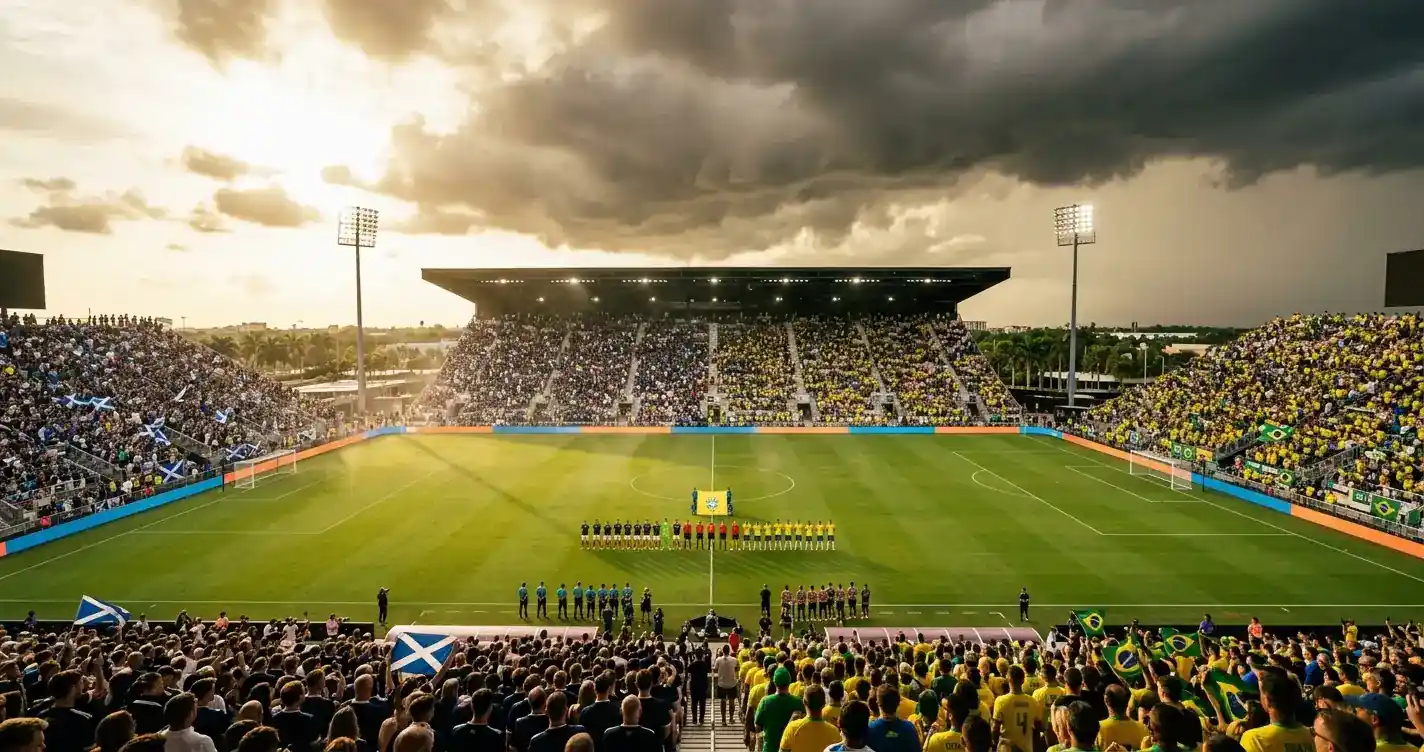 Stade à ciel ouvert sous un ciel chaud et humide de Floride avant un match international