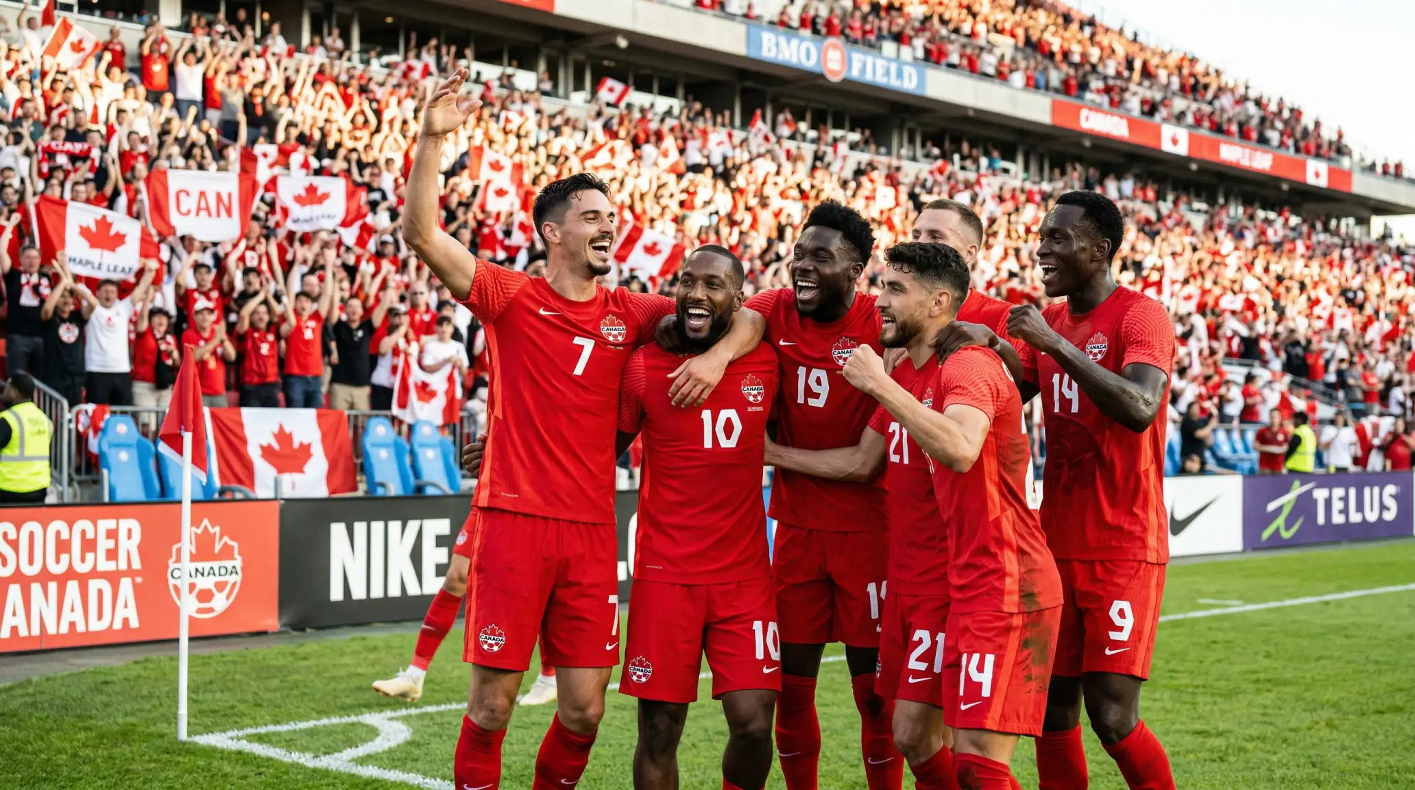 Joueurs de l'équipe nationale canadienne célébrant un but lors d'un match à domicile
