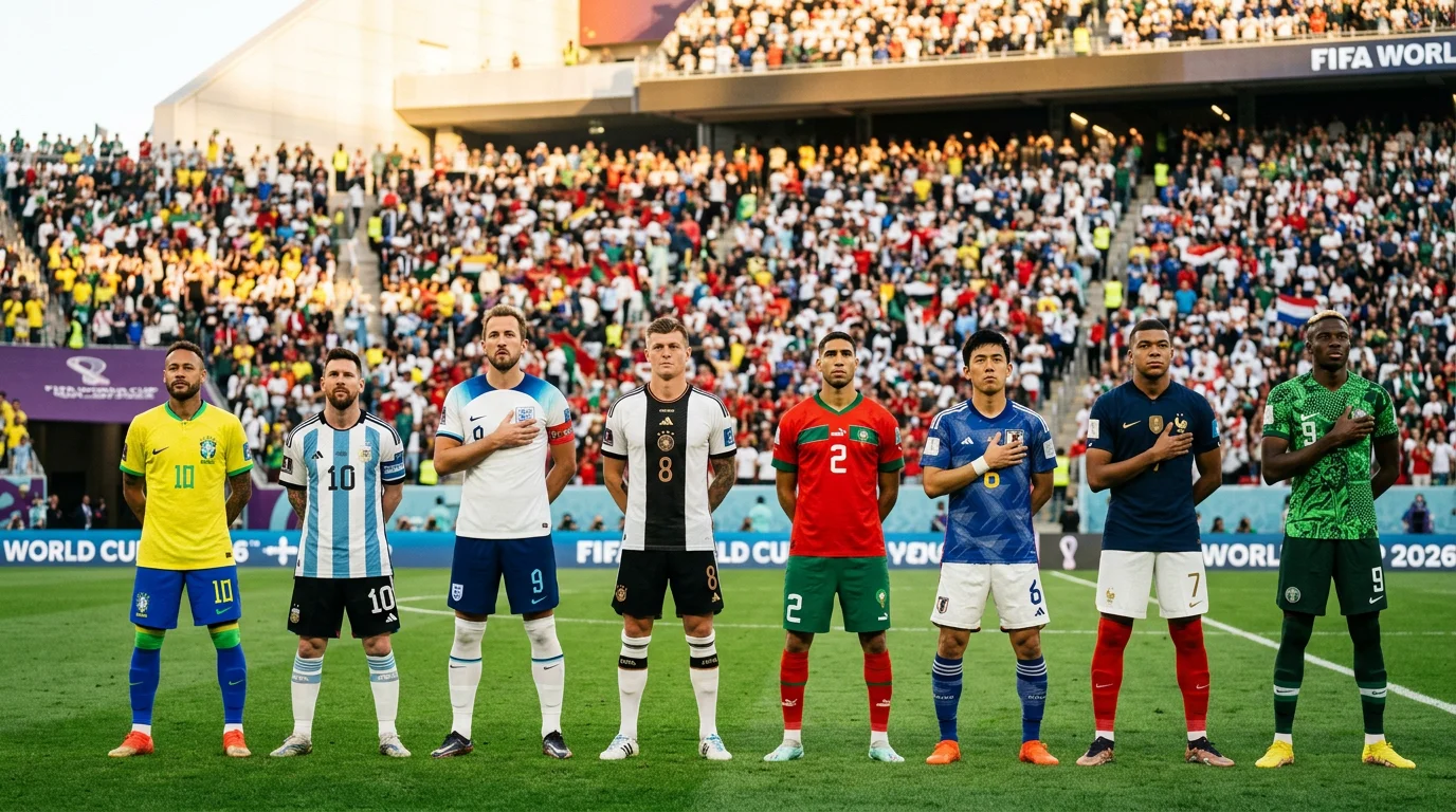 Joueurs de plusieurs équipes nationales alignés avant un match international de soccer