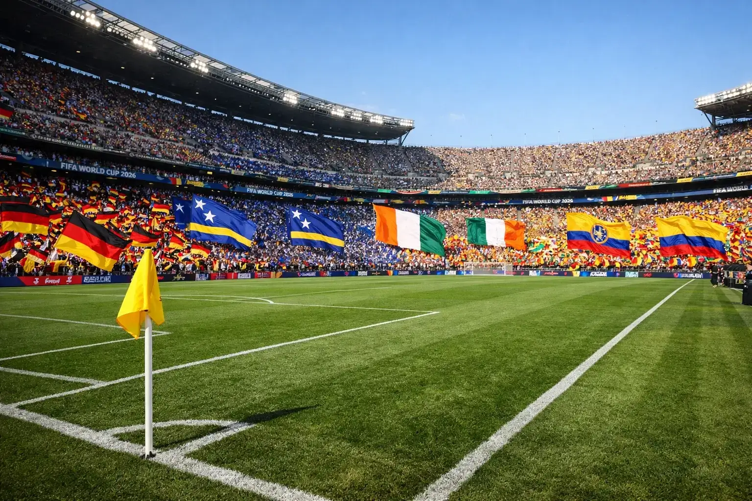 Drapeaux des équipes du Groupe E flottant avant un match de la Coupe du Monde 2026