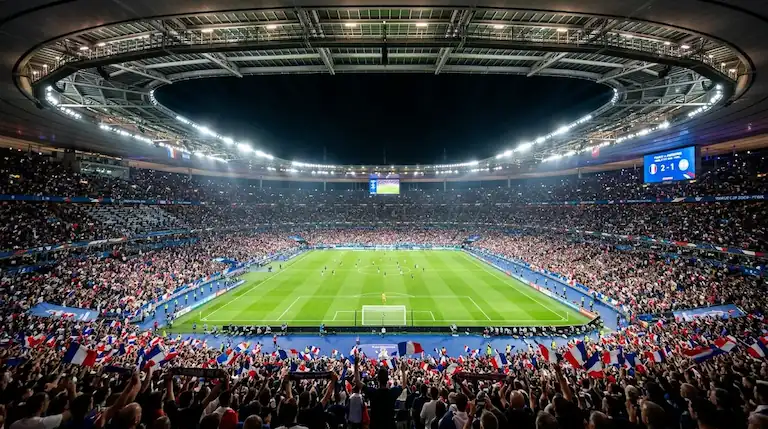 Stade de football illuminé sous les projecteurs avant un match de la Coupe du Monde 2026