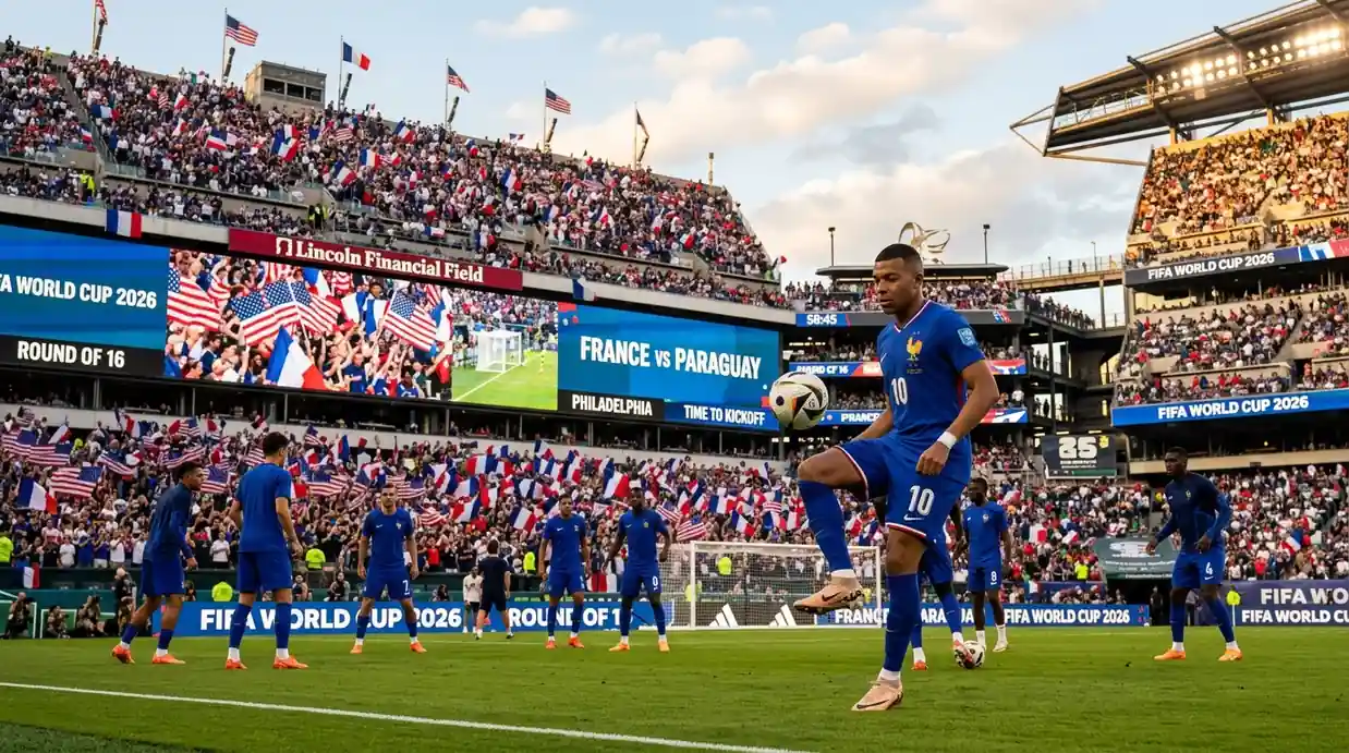 Joueurs français en maillot bleu se préparant pour un match de Coupe du Monde dans un stade américain