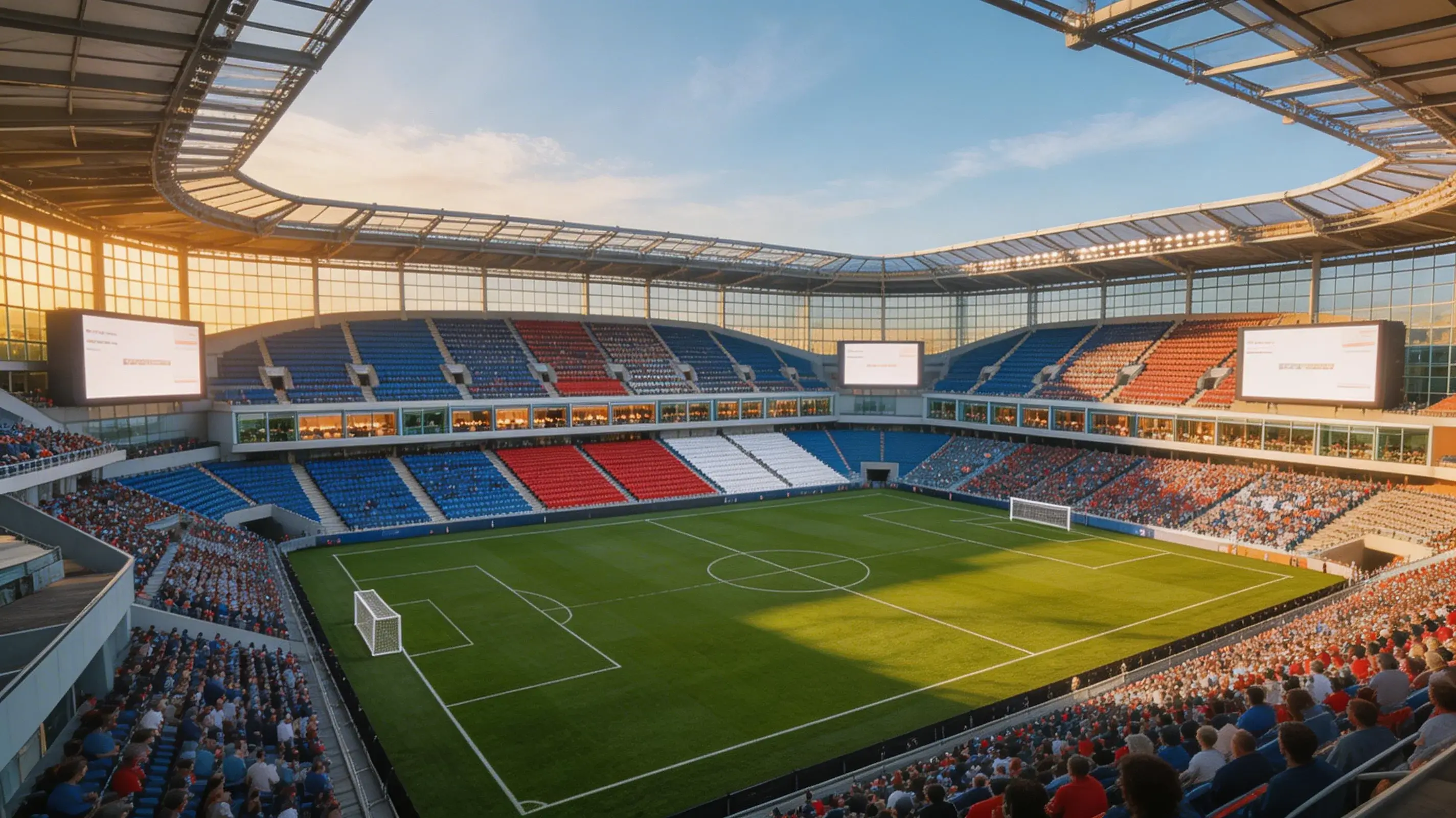 Vue panoramique d'un grand stade de soccer nord-américain préparé pour la Coupe du Monde