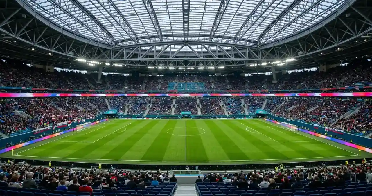 Vue d'un stade de soccer avec pelouse impeccable sous un toit fermé, ambiance de match international